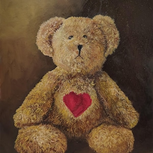ORIGINAL Teddy Bear Still life Oil Painting on Thick MDF Board 8x10x0.25in