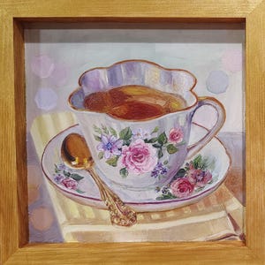 ORIGINAL Teacup Oil Painting, Floral Teacup Still Life on Wood, 8x8 In Signed