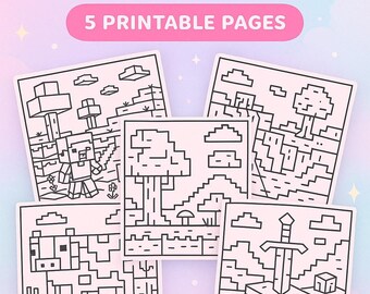 Pixels Coloring Pages Vol. 1 – 5 Printable PNGs, Instant Download, Cute Kids Coloring Bundle, Digital Art Activity, Kawaii Pixel Designs