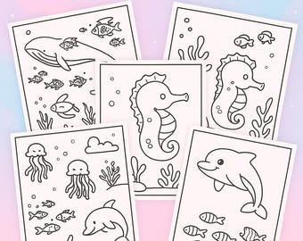 Aquatic Coloring Pages – 5 Printable PNGs, Instant Download, Underwater Sea Life Bundle, Cute Ocean Animals Coloring Sheets