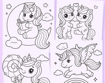 Unicorn Coloring Pages – 5 Printable PNGs, Instant Download, Magical Creatures Bundle, Cute Kawaii Unicorns