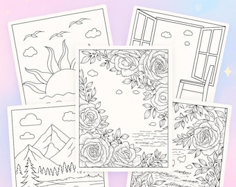Nature Coloring Pages – 5 Printable PNGs, Instant Download, Forest & Garden Bundle, Cute Outdoor Coloring Sheets