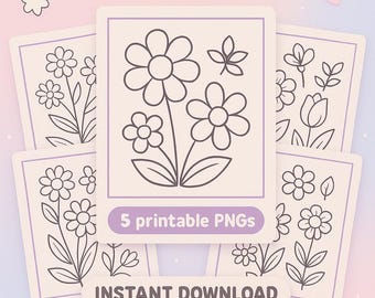 Flower Coloring Pages – 5 Printable PNGs, Instant Download, Cute Floral Bundle, Relaxing Kids Coloring Pack