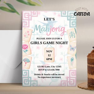 Inbjudan till Mahjong-spelkväll, Inbjudan till tjejer med pastelltema, Gruppfest för kvinnor, Redigerbar Canvas-mall för utskrift