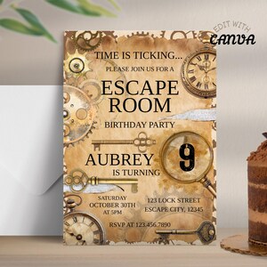 May include: An invitation for an escape room birthday party. The design features a vintage aesthetic with gears, keys, and a pocket watch. The text reads "Escape Room Birthday Party" and includes the name "Aubrey" and the number "9".
