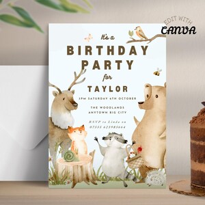 May include: A birthday party invitation with woodland animal illustrations. The invitation reads "It's a Birthday Party for Taylor" with event details. Features a deer, fox, raccoon, bear, and hedgehog.
