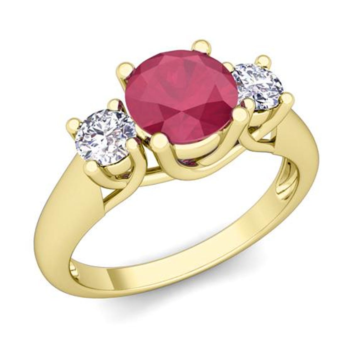 Ruby and Diamond Three Stone Engagement Ring in 14K Solid Gold - Etsy