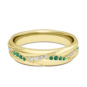 14k Yellow Gold Emerald and White Diamond Wedding Ring, Matching Wedding Band is Available