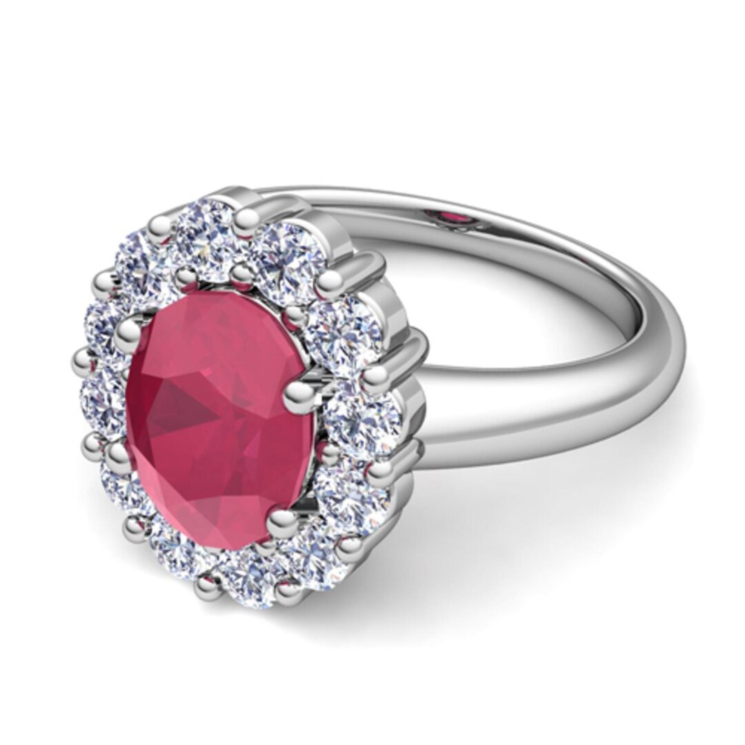 Oval Ruby and Diamond Halo Engagement Ring in 14k White Gold - Etsy