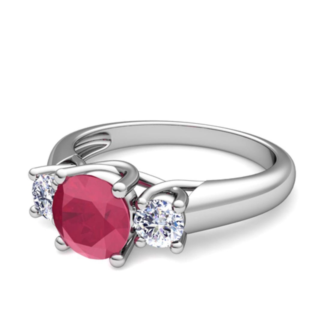 Ruby and Diamond Three Stone Engagement Ring in 14K Solid Gold - Etsy