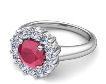 Ruby and Diamond Halo Engagement Ring in 14k White Gold