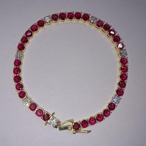 Ruby and White Diamond Tennis Bracelet: 14K White Gold Plated