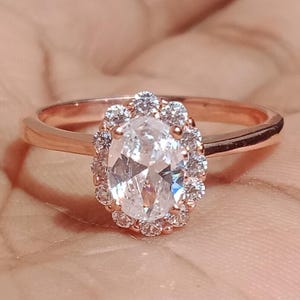 Oval Moissanite Halo Engagement Ring: 14K Yellow Gold Plated Bridal Ring