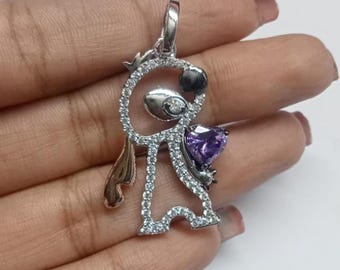 Lab Created Amethyst Lilo &Stitch Pendant Cartoon Necklace 925 Sterling Silver