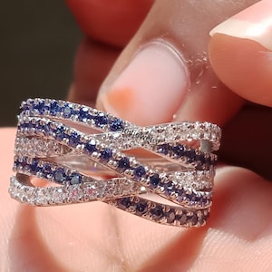 Simulated Blue Sapphire Ring Guard: 14K White Gold Plated Diamond Wrap