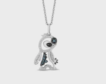 Blue Topaz and Diamond Lilo & Stitch Pendant Cartoon Necklace 925 Sterling Silver