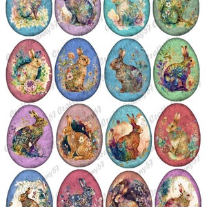 May include: Twelve watercolor Easter eggs with a floral design and a bunny rabbit on each egg. The eggs are in various colors, including blue, green, pink, and purple.