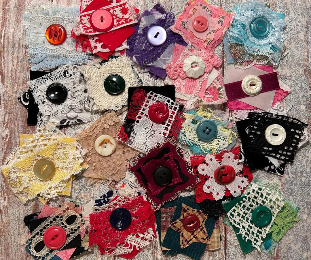 Cluster Ribbons 20 Handmade Fabric Lace Ribbon Clusters Snippets Various Colors Buttons ...