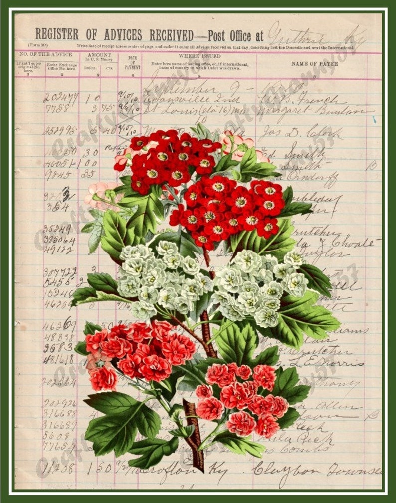 Vintage Post Office Register Floral Page Guthrie KY Digital Etsy
