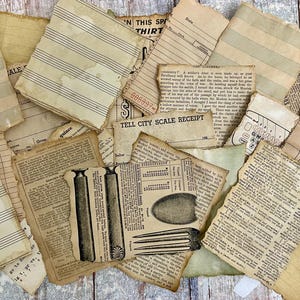 May include: A collection of vintage-style paper ephemera featuring aged, tea-stained textures with torn edges. The assortment includes music sheets, receipts, newspaper clippings, and a document with the text FILL IN THIS SPACE WITH THIRTY 10 CENTS OR THREE FOR 1 DOLLAR.