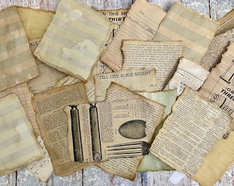 May include: A collection of vintage-style paper ephemera featuring aged, tea-stained textures with torn edges. The assortment includes music sheets, receipts, newspaper clippings, and a document with the text FILL IN THIS SPACE WITH THIRTY 10 CENTS OR THREE FOR 1 DOLLAR.