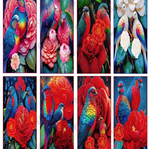 Parrot Bookmarks Tags, Instant Digital Download, Red Pink White Flowers, Multi-Color Parrots, Journal Cards, Pocket Inserts, Bird Tags