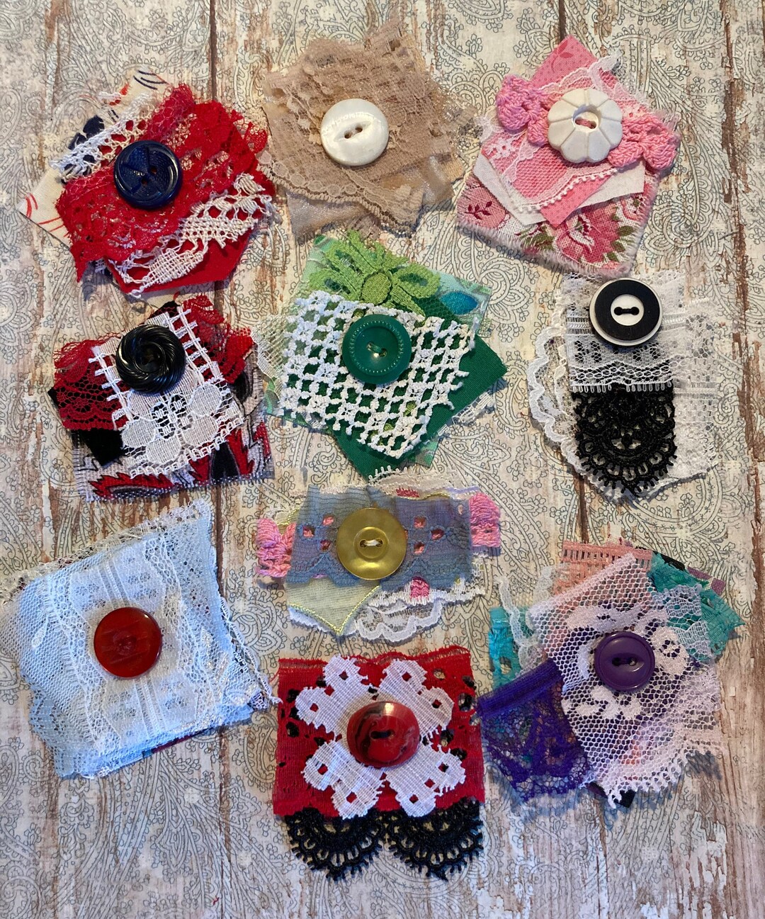 Cluster Ribbons 10 Handmade Fabric Lace Ribbon Clusters Snippets Buttons Mixed-colors ...