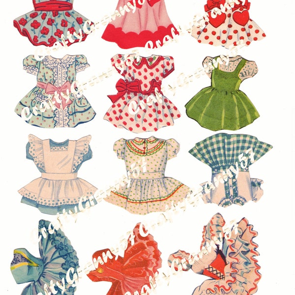 Instant Digital Download, Cute Paper Doll Dresses, 22 Vintage Dresses, Fussy Cut, Digital Download