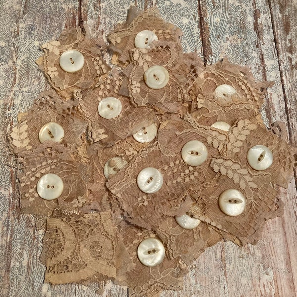 6 Handmade Lace Clusters Snippets Vintage Tea-Stained Lace Vintage Buttons Embellishments Junk Journal Scrapbook Journal Topper Slow-Stitch