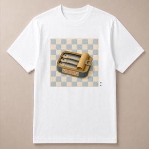 Könnte beinhalten: Weißes T-Shirt mit einer Vintage-Illustration einer Sardinenbüchse. Die Dose ist geöffnet und zeigt drei Sardinen. Der Hintergrund ist ein blau-weißes Schachbrettmuster. Der Text "Sardines in Olive Oil" ist sichtbar.
