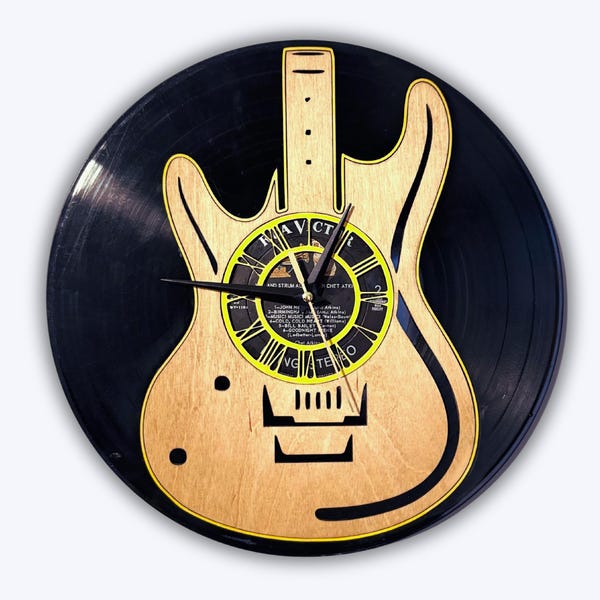 Upcycled Vinyl Guitar Record Clock, Music Room Decor, Gift For Musician, Handcrafted Record Art Clock, Music Lover Gift, Guitar Wall Art