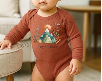 Tiny Explorer Mountain Baby Onesie® – Adventure Outfit, Long Sleeve Bodysuit, Outdoor Baby Shower Gift, Nature-Inspired Baby Clothes