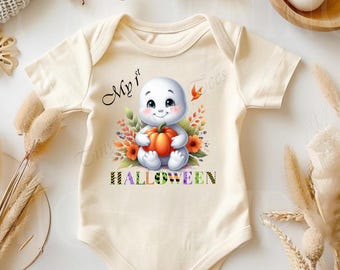 Body para mi primer Halloween: Fantasma con calabaza. Traje para el primer Halloween de tu bebé. Ropa de otoño para bebé. Regalo de Halloween para bebé. Unisex.