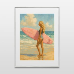 Surfer Girl Beach Wall Art Printable, Pink Surfboard Ocean Poster, Coastal Summer Digital Download, Retro Tropical Sunshine Decor, Surfing