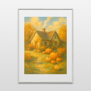Pumpkin Cottage Wall Art Printable, Cozy Fall Country House Poster, Autumn Farmhouse Digital Download, Whimsical Harvest Decor Print
