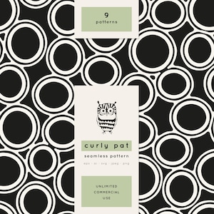 May include: Black and white seamless pattern with a repeating circular design. The image includes text that reads "9 patterns", "curly pat seamless pattern", and "unlimited commercial use". An owl illustration is also present.