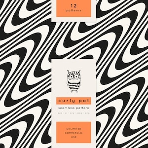 May include: Black and white wavy pattern design. The image includes the text "12 patterns", "curly pat seamless pattern", and "UNLIMITED COMMERCIAL USE". An owl illustration is also present.