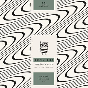 May include: A seamless pattern design with black wavy lines on a cream background. The image includes text that reads "12 patterns", "curly pat seamless pattern", and "unlimited commercial use". An owl illustration is also present.