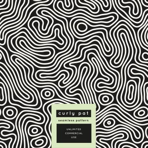 Könnte beinhalten: Nahtloses Schwarz-Weiß-Muster mit einem sich wiederholenden Design aus geschwungenen, gebogenen Linien. Das Bild enthält ein grünes Quadrat mit dem Text "curly pat seamless pattern" und "unlimited commercial use."