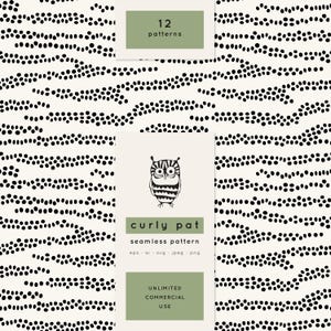 May include: A seamless pattern design with black dots on a cream background. The image includes text that reads "12 patterns", "curly pat", "seamless pattern", and "unlimited commercial use". An illustration of an owl is also present.