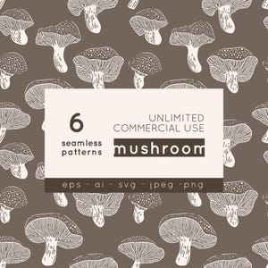 Puede incluir: Patrones de setas blancas sobre fondo marrón. La imagen incluye texto que dice "6 patrones sin costuras" y "seta", con "uso comercial ilimitado". Formatos de archivo: EPS, AI, SVG, JPEG y PNG.
