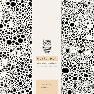 Puede incluir: Diseño de patrón sin costuras con manchas negras de forma orgánica sobre fondo blanco. El diseño incluye una ilustración de búho y el texto "curly pat seamless pattern". Adecuado para uso comercial ilimitado.