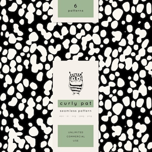 May include: Black and white seamless pattern with irregular shapes. The image includes text that says "6 patterns", "curly pat", "seamless pattern", and "unlimited commercial use". An owl illustration is also present.