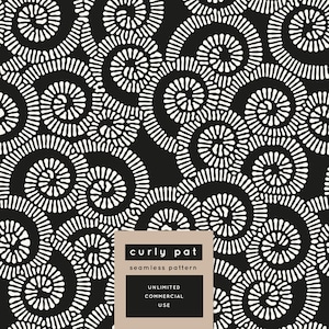 May include: A seamless pattern featuring a repeating design of white spiral shapes on a black background. The spirals have a textured, dotted appearance. The image includes text that reads "curly pat" and "seamless pattern".