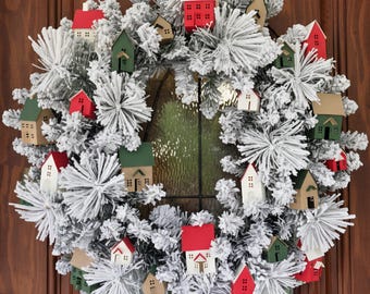 Christmas Village Wreath: Handmade Paper Putz Houses Holiday Decor (24")