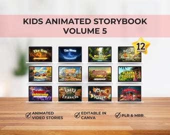 Kids Animated Storybook Bundle – Vol. 5 (12 Stories) | Editable Canva Video Stories | PLR & MRR