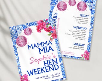 Invitación e itinerario personalizables para despedida de soltera Mamma Mia / Plantilla de Canva / Plantilla editable / Despedida de soltera (Descarga digital)