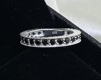 Black Onyx Eternity Band Ring, 925 Sterling Silver Stackable, Minimalist Wedding Band