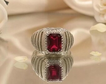 Red Emerald Cut Ring | Vintage Style Silver-Tone Statement Jewelry