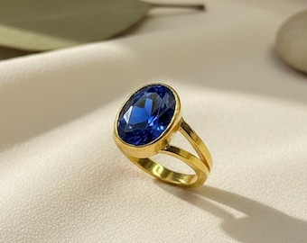 Handmade Oval Blue Sapphire Look Ring | Gold Statement Jewelry